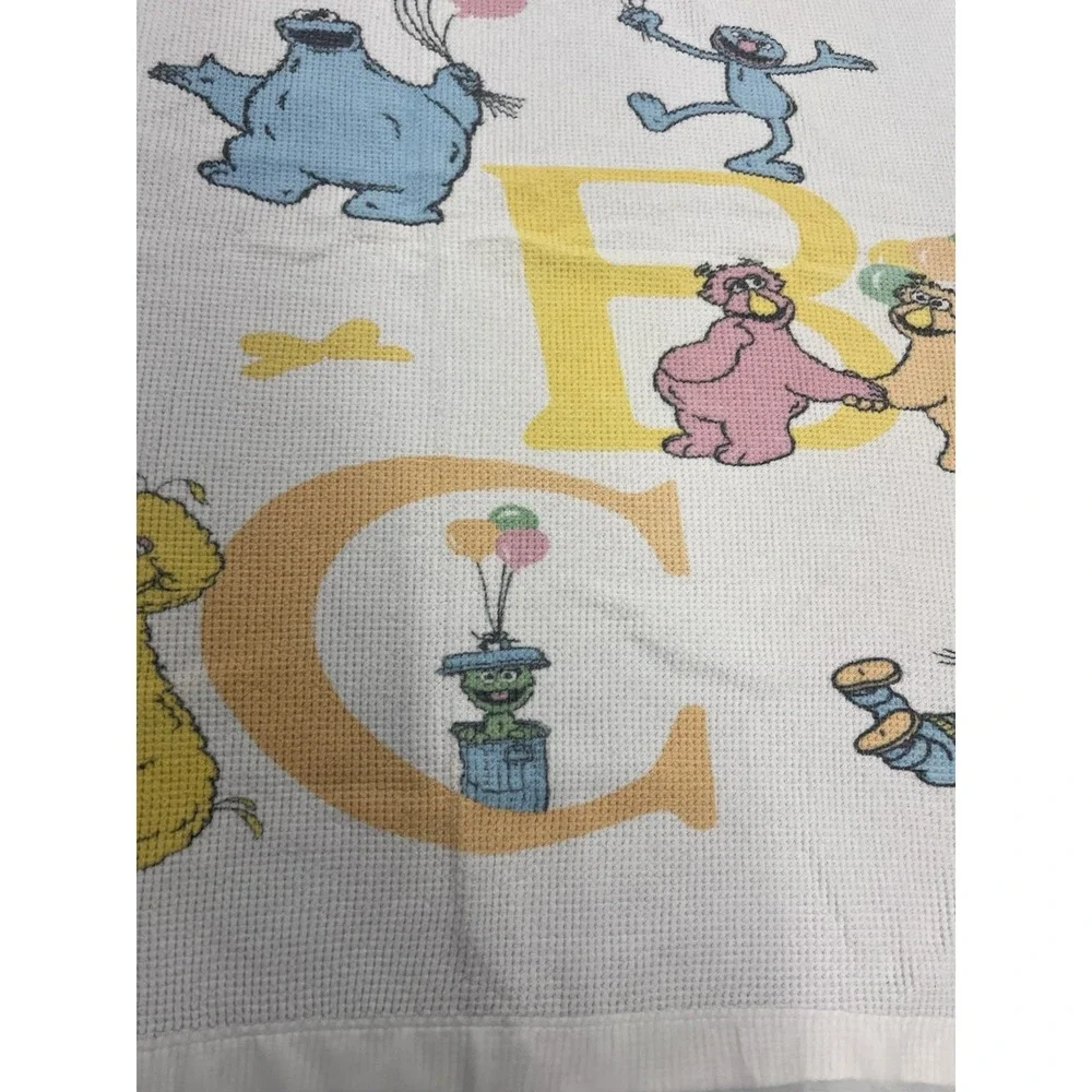 Vtg Sesame Street Baby Blanket Thermal Waffle Satin Trim Muppets Big Bird ABCs